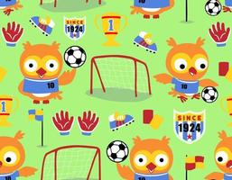 vector de patrones sin fisuras de búho lindo jugando al fútbol, dibujos animados de elementos de fútbol