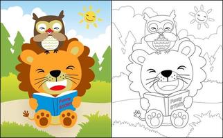 Coloring book or page with lion and owl cartoon reading funny book in forest vector