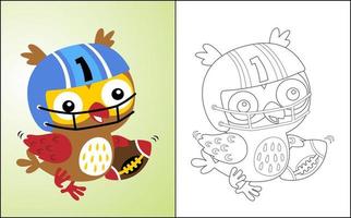 Coloring book or page with owl cartoon playing rugby vector