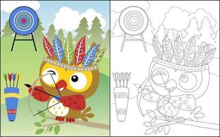 Coloring book or page, cute owl cartoon with feather headdress playing archery vector