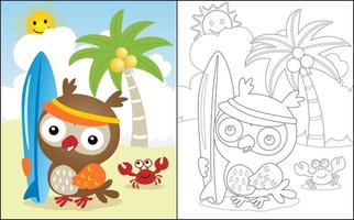 Coloring book or page, cute owl cartoon holding surfboard in the beach with crab at summer holiday vector