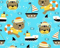 Seamless pattern vector of funny animals sailor cartoon. Sailing elements cartoon