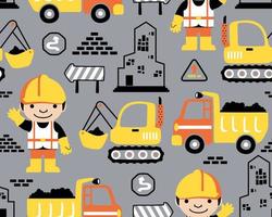 Seamless pattern vector of construction elements cartoon with smiling worker