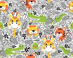 Seamless pattern vector of funny animals cartoon with leaves