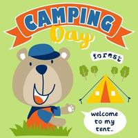 Vector cartoon of bear in scout costume with tent at camping day event