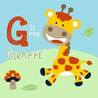 Cute giraffe with it name, smiling mushroom,  vector cartoon illustration
