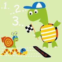 Vector cartoon illustration of racing run competition with snail and snake, turtle holding finish flag