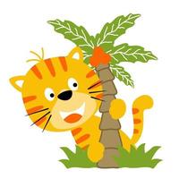 Vector cartoon of little cat hiding in palm tree