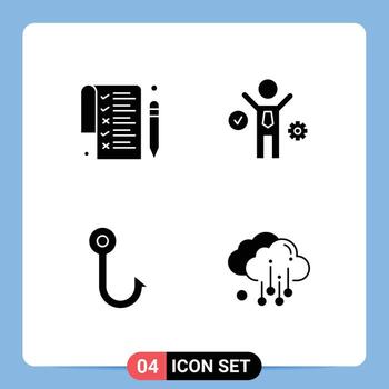 Modern Set of 4 Solid Glyphs Pictograph of list cloud business fish weather Editable Vector Design Elements