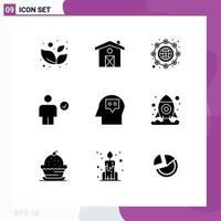 9 Thematic Vector Solid Glyphs and Editable Symbols of thought head marketing done check Editable Vector Design Elements