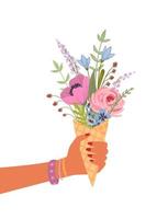 Isolated llustration bouquet of flowers in female hand. Vector design concept for holyday and other use.