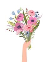 Isolated llustration bouquet of flowers in female hand. Vector design concept for holyday and other use.