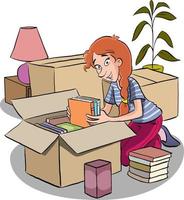 Girl packing her stuff, moving, vector illustration