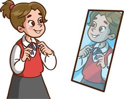 cute little girl wearing top in front of mirror cartoon vector illustration