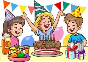 lindos niños pequeños celebrando la ilustración vectorial de dibujos animados de cumpleaños