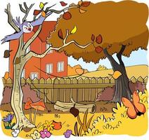 paisaje de otoño hojas volando dibujos animados vector ilustración