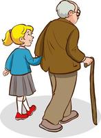 old man and cute girl walking together cartoon vector illustration