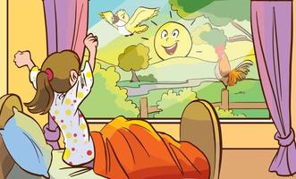 linda niña se despierta al amanecer en el vector de dibujos animados de la mañana