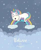 Card with cute kawaii unicorn with rainbow mane and horn in anime style vector