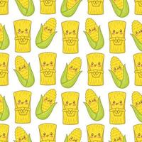 Seamless pattern with Mexican tamale and fresh corn with funny faces in doodle cartoon style isolated on white background vector