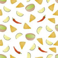 Seamless pattern with mexican food nachos, guacamole, pepper, lemon. Fast food restaurant and street food snacks, meat tortillas, takeaway food delivery vector