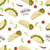Seamless pattern with mexican food tacos and burritos. Fast food restaurant and street food snacks, meat tortillas, takeaway food delivery vector
