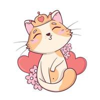 Kawaii cute valentines cat gives a kiss of love on the background of hearts and flowers vector