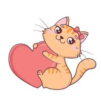 kawaii lindo gato de san valentín abrazó un gran corazón con sus patas vector