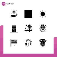 Set of 9 Commercial Solid Glyphs pack for jacket direction logo board signal Editable Vector Design Elements