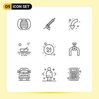 Mobile Interface Outline Set of 9 Pictograms of river canoes utensils boat left Editable Vector Design Elements