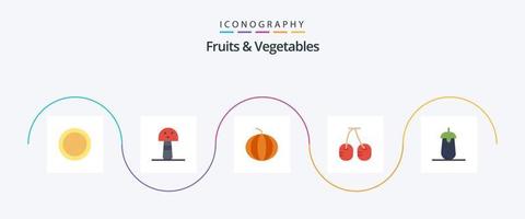 paquete de iconos planos de 5 frutas y verduras que incluye. alimento. sandía. berenjena. berenjena vector