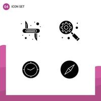 Group of 4 Modern Solid Glyphs Set for knife time army gear under magnifier clock Editable Vector Design Elements