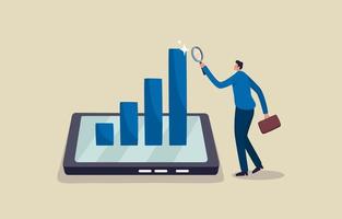 Mobile business analysis and statistic online services. Key performance indicator to evaluate success. Businessman analyst holding magnifying glass analyze graph and chart on smartphone. vector