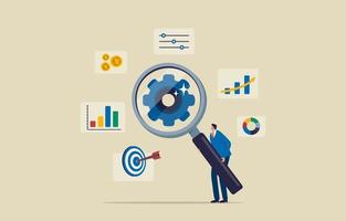 Marketing research charts. Data analysis and optimization for SEO.Businessman use magnifying glass and productivity tools to analyze charts. illustration vector