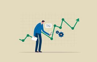 Stock market data analysis. Analyze financial or investment charts.  Businessman using magnifier and tools to analyze chart. Illustration vector