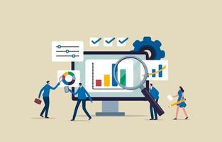 Business performance Data analysis. Diagrams for SEO. Marketing research charts. Business team use magnifying glass and productivity tools to analyze charts. illustration vector