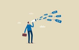 Business development strategy. Discount Pricing Strategies for Businesses. Product price reduction. Businessman holding a megaphone announcing a price drop. Illustration vector