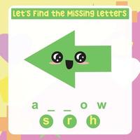 Missing letter worksheet. Complete the letters for shape name in English. Kids educational game. Printable worksheet for preschool. Writing practice. Vector file.