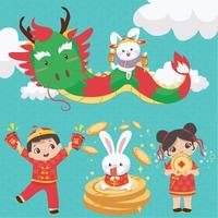 Flat Chinese New Year 2023. Happy Lunar year. Year of water rabbit. New Year greeting card. Vector backgrounds.