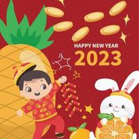 Flat Chinese New Year 2023. Happy Lunar year. Year of water rabbit. New Year greeting card. Vector backgrounds.