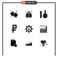 9 Thematic Vector Solid Glyphs and Editable Symbols of lock gear fitness rubble currency Editable Vector Design Elements