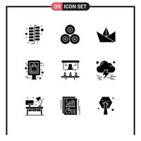 Mobile Interface Solid Glyph Set of 9 Pictograms of people market share origami business offer Editable Vector Design Elements