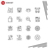 16 Universal Outline Signs Symbols of lock pad service net repair team Editable Vector Design Elements