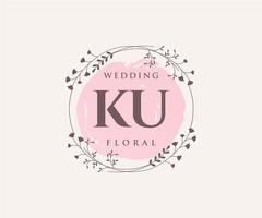 plantilla de logotipos de monograma de boda con letras iniciales ku, plantillas florales y minimalistas modernas dibujadas a mano para tarjetas de invitación, guardar la fecha, identidad elegante. vector