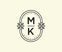 plantilla de logotipos de monograma de boda con letras iniciales mk, plantillas florales y minimalistas modernas dibujadas a mano para tarjetas de invitación, guardar la fecha, identidad elegante. vector