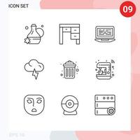 9 iconos creativos signos y símbolos modernos de cubo de basura público codificación clima nube elementos de diseño vectorial editables vector