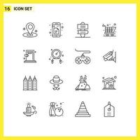 Outline Pack of 16 Universal Symbols of exit evacuate sign escape shopping Editable Vector Design Elements