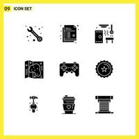 9 Thematic Vector Solid Glyphs and Editable Symbols of game controller relax garden location Editable Vector Design Elements