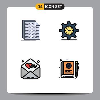 Editable Vector Line Pack of 4 Simple Filledline Flat Colors of binary day data setting greetings Editable Vector Design Elements