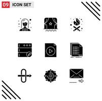 Group of 9 Solid Glyphs Signs and Symbols for check file bonfire document edit Editable Vector Design Elements